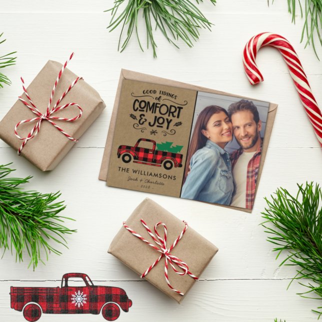 Black and Red Buffalo Plaid Truck Photo Christmas  Postcard (Creator Uploaded)