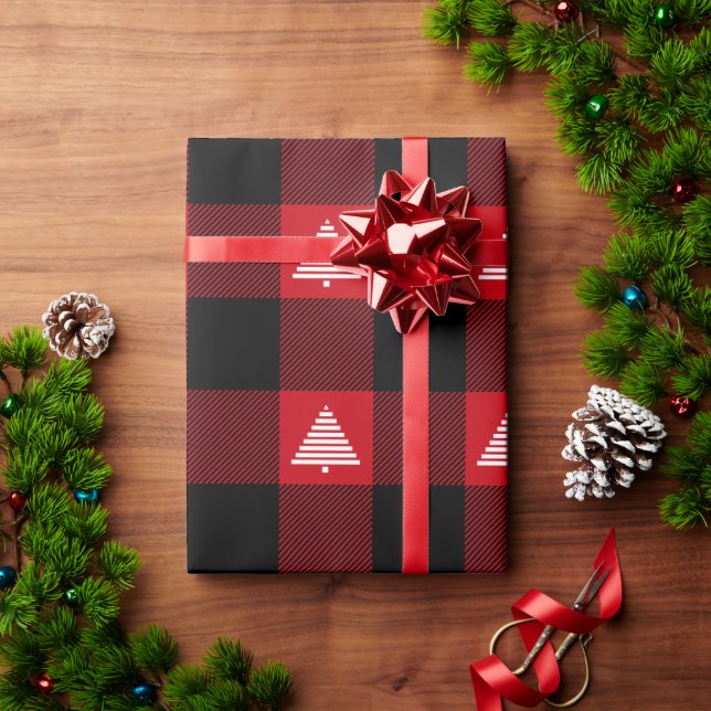 Black and Red Buffalo Plaid White Christmas Trees Wrapping Paper (Holiday Gift)