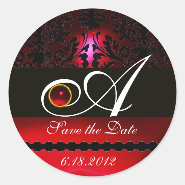 BLACK AND RED BURGUNDY  DAMASK MONOGRAM, Ruby Classic Round Sticker (Front)
