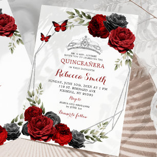 Black and Red Burgundy Roses Crown Quinceañera Invitation