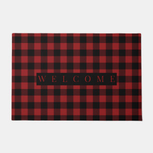Black and Red Check Doormat Welcome