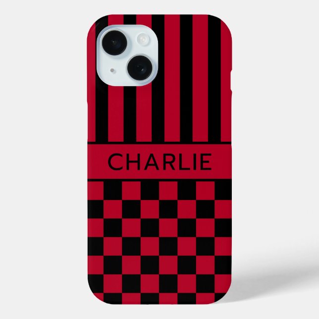 Black and Red Chequered Striped Personalised Case-Mate iPhone Case (Back)