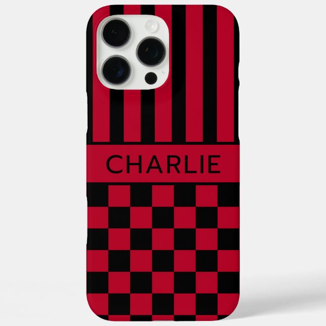 Black and Red Chequered Striped Personalised Case-Mate iPhone Case (Back)