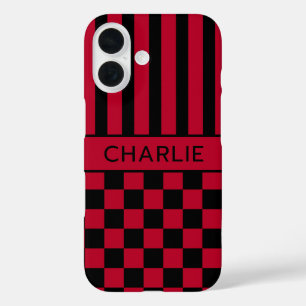 Black and Red Chequered Striped Personalised iPhone 16 Case