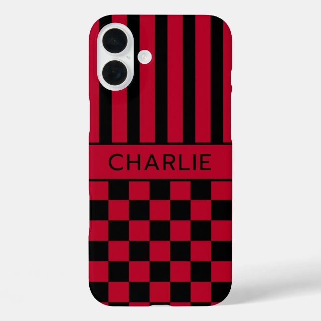 Black and Red Chequered Striped Personalised Case-Mate iPhone Case (Back)