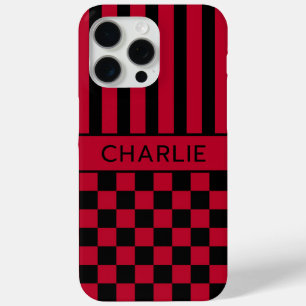 Black and Red Chequered Striped Personalised iPhone 15 Pro Max Case
