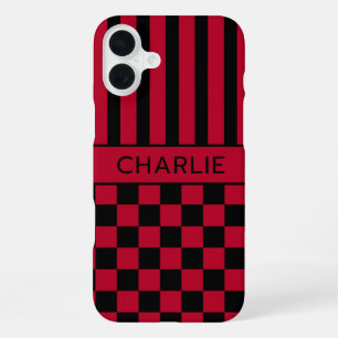 Black and Red Chequered Striped Personalised iPhone 16 Plus Case