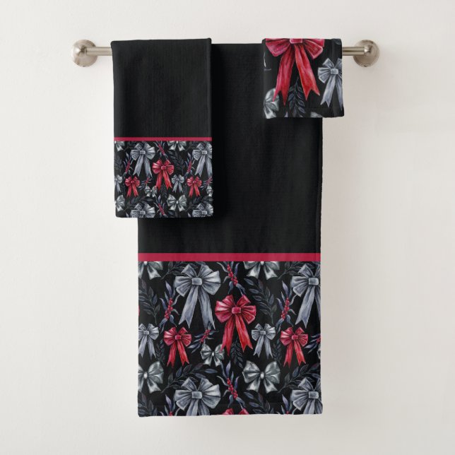 Black and Red Christmas Bows Bath Towel Set (Insitu)