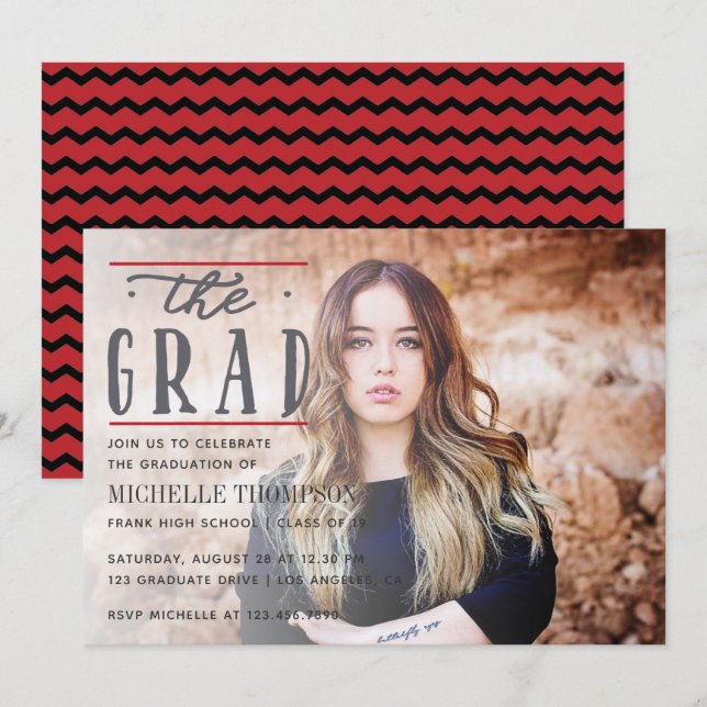Black and Red colour Chevron Graduate Party invite (Front/Back)