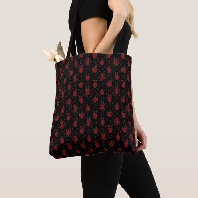 Black and Red Crimson Fantasy Dragon Dot Pattern Tote Bag (Close Up)