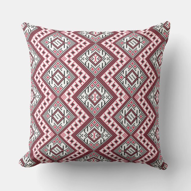 Black and Red cross-stitch Retro Pattern Cushion (Front)