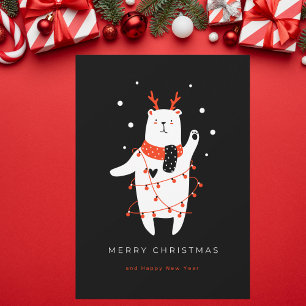 Black and Red Cute Bear Christmas Holiday Postcard