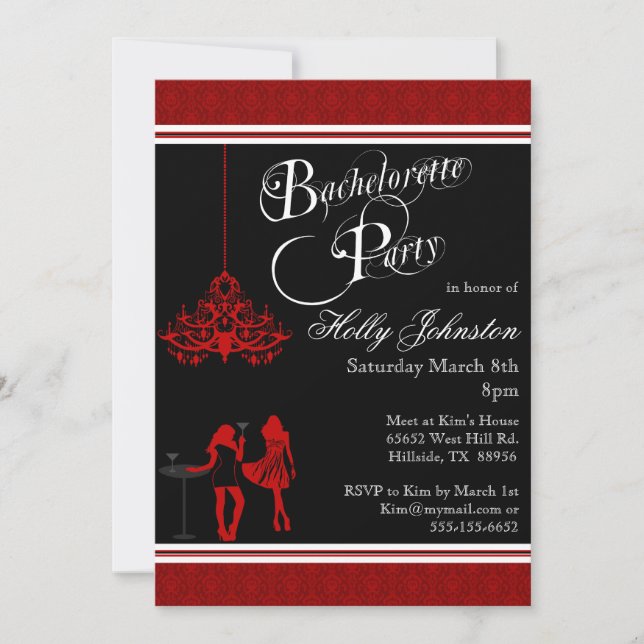 Black and Red Damask Chandelier Bachelorette Party Invitation (Front)