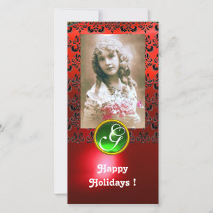 BLACK AND RED DAMASK Green Emerald Monogram Holiday Card