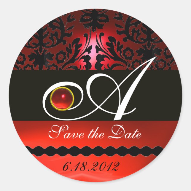 BLACK AND RED DAMASK MONOGRAM, Ruby Classic Round Sticker (Front)
