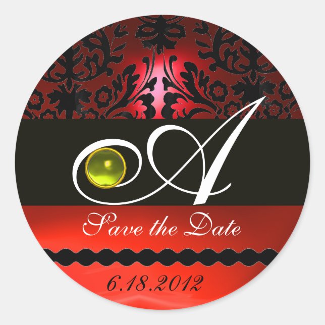 BLACK AND RED DAMASK MONOGRAM, Yellow Topaz Classic Round Sticker (Front)