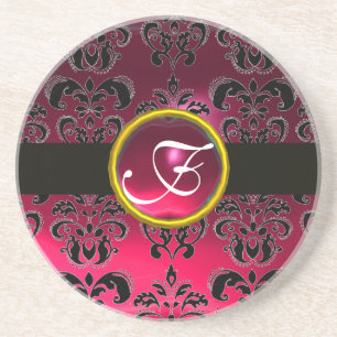 BLACK AND RED DAMASK PINK RUBY Monogram Coaster