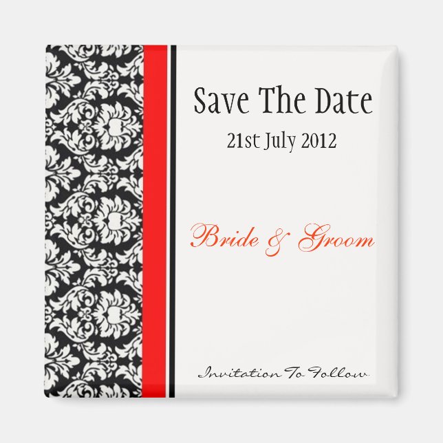 Black and Red Damask Save The Date Magnet (Front)