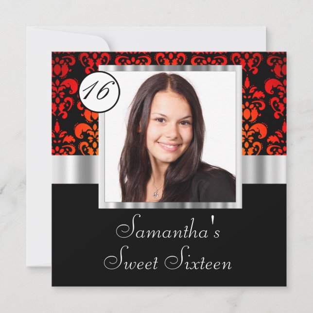 Black and red damask sweet sixteen invitation (Front)