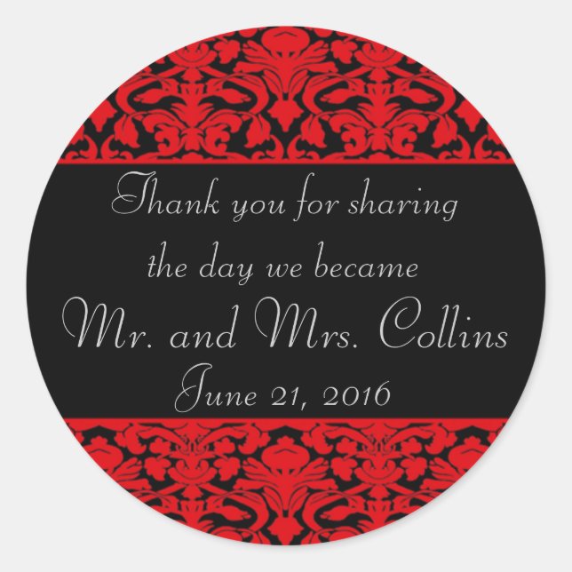 Black and Red Damask Thank You Stickers (Front)