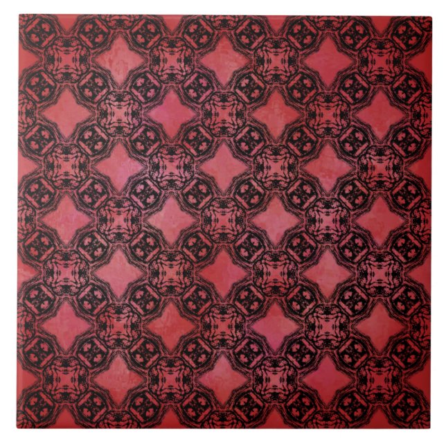 Black and Red Diamond Chains Pattern Ceramic Tile (Front)