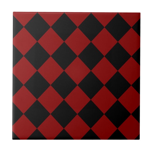 Black and Red Diamond Chequered Print Ceramic Tile (Front)