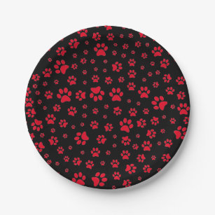 Black and Red Dog Paw Print Paper Plate