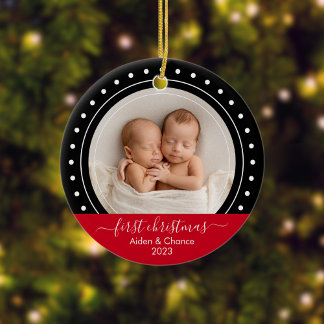 Black and Red Dots First Christmas Ceramic Ornament