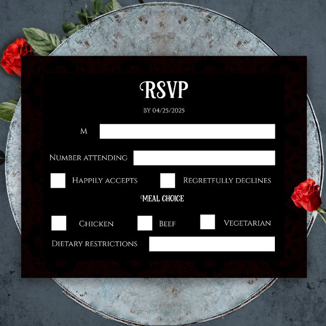 Black and Red Floral Gothic Dark Elegant Wedding RSVP Card (Black and Red Floral Gothic Dark Elegant Wedding RSVP Card)