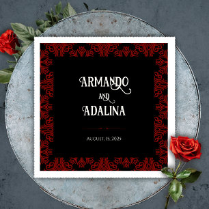 Black and Red Floral Gothic Dark Wedding Welcome Napkin