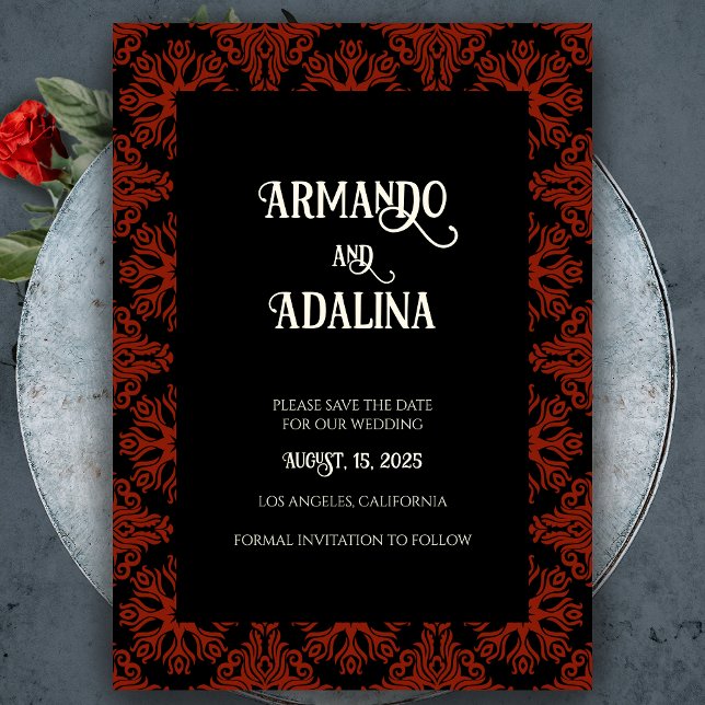 Black and Red Floral Gothic Wedding Save the Date Magnetic Invitation (Black and Red Floral Gothic Wedding Save the Date Magnetic Invitation)