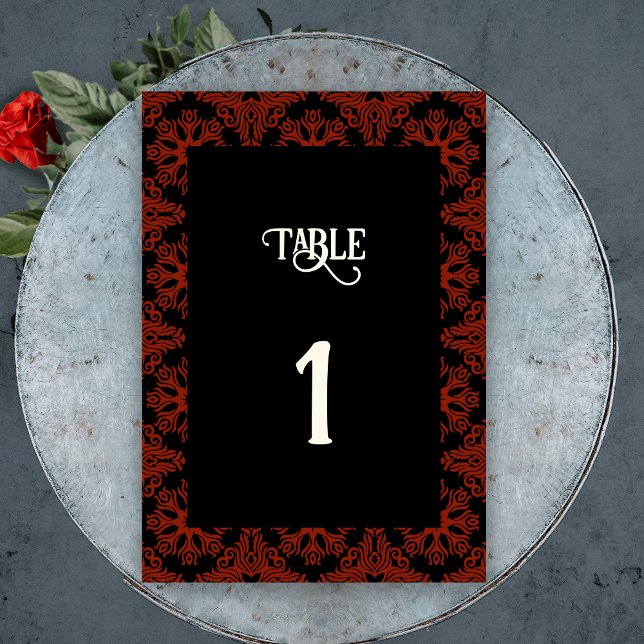 Black and Red Floral Gothic Wedding  Table Number (Black and Red Floral Gothic Elegant Wedding Invitation Belly Band)