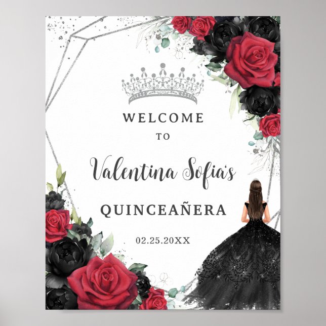 Black and Red Floral Princess Quinceañera Welcome Poster (Front)