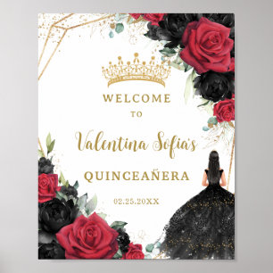 Black and Red Floral Princess Quinceañera Welcome Poster