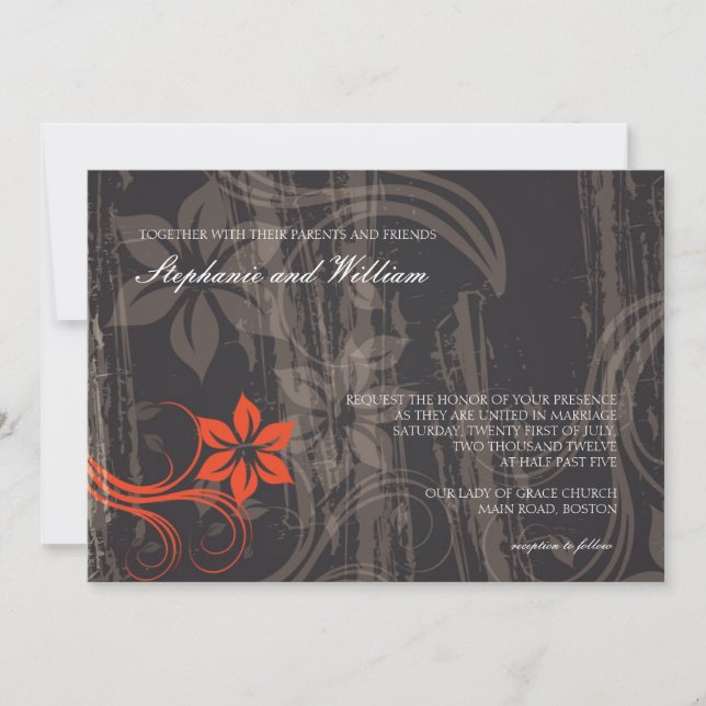 Black and Red Floral Swirl Wedding Invitation (Front)