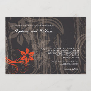 Black and Red Floral Swirl Wedding Invitation