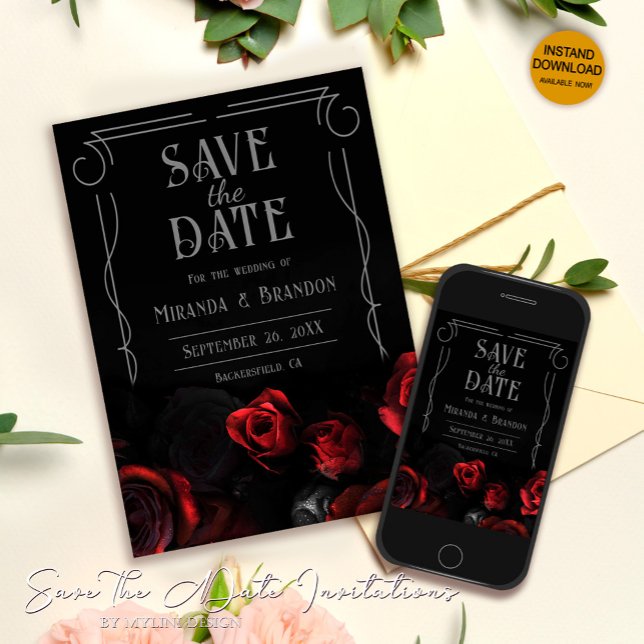 Black and Red Floral Wedding Save the Date Card (Creator Uploaded)