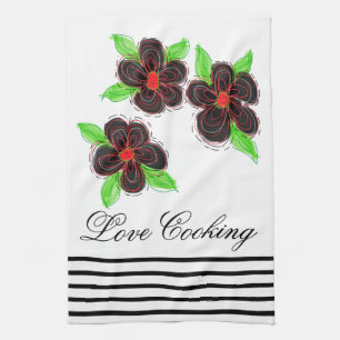 Black And Red Floral With Black Stripes Tea Towel