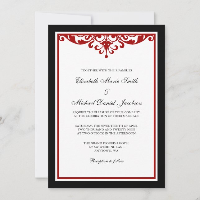 Black and Red Flourish Wedding Invitation (Front)