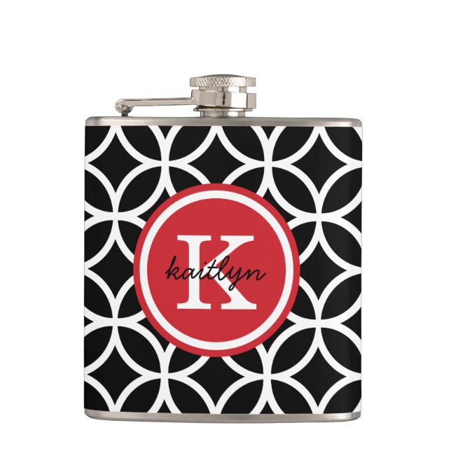 Black and Red Geometric Diamonds Custom Monogram Hip Flask (Front)