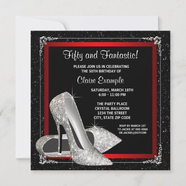 Black and Red Glitter High Heel Birthday Party Invitation (Front)