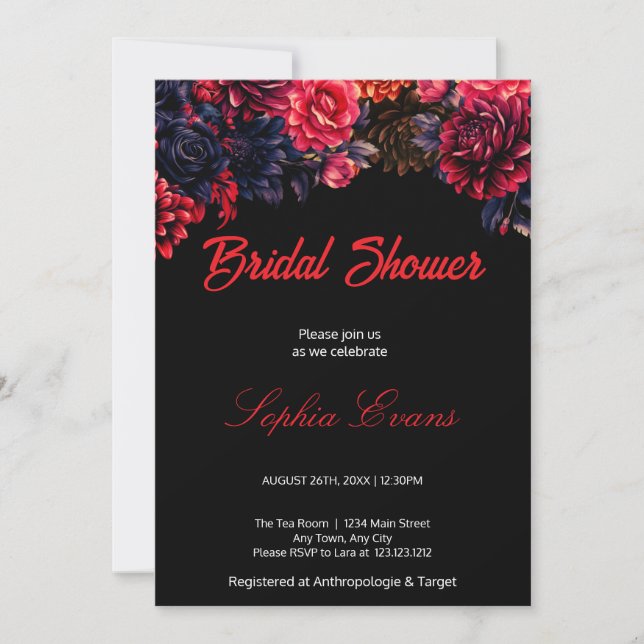 Black and Red Gothic Floral Dark Bridal Shower Invitation (Front)