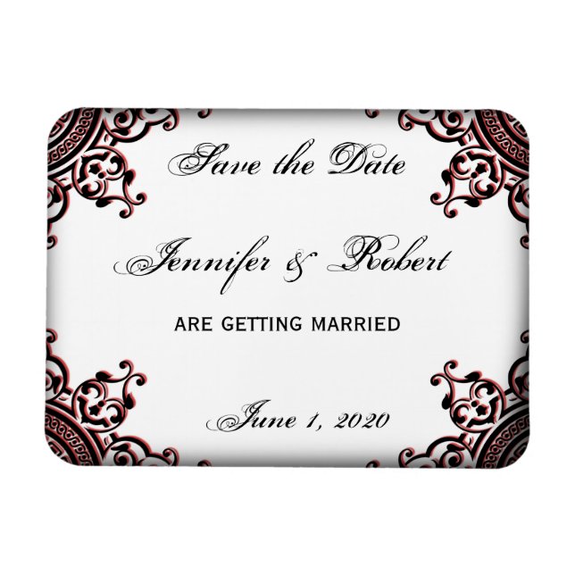 Black and Red Gothic Scroll Save the Date Magnet (Horizontal)