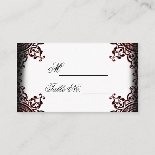 Black and Red Gothic Scroll Wedding Place Card (Front)