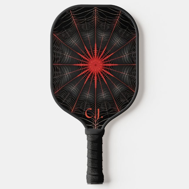 Black and Red Gothic Spiderweb Texture Monogram  Pickleball Paddle (Front)
