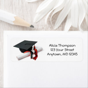 Black and Red Graduation Cap and Tassel Address Return Address Label