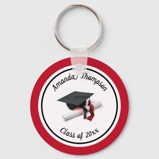 Black and Red Graduation Cap and Tassel Key Ring (Front)