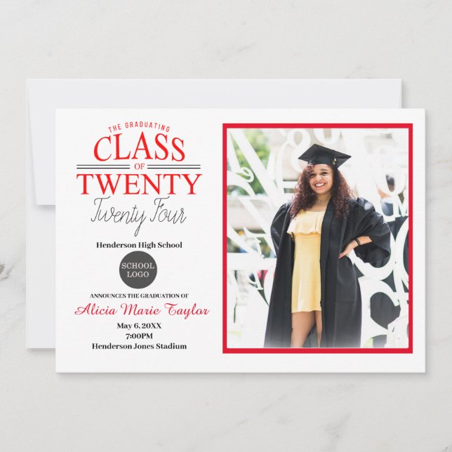 Black and Red Graduation Invitation with Photo (Front)