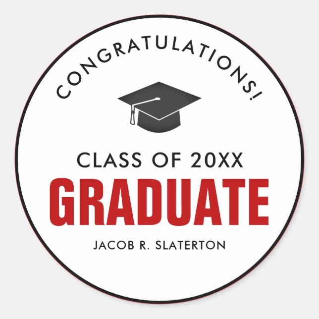Black and Red Graduation Personalised Classic Round Sticker (Front)