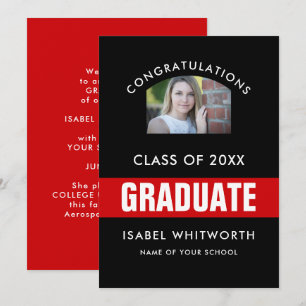 Black and Red Graduation Photo Custom Announcement